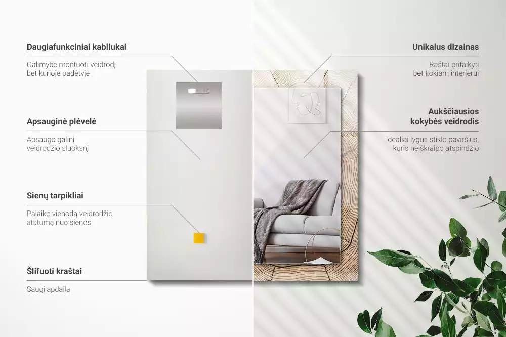 Négyszögletes díszes tükör Egy fatörzs keresztmetszete