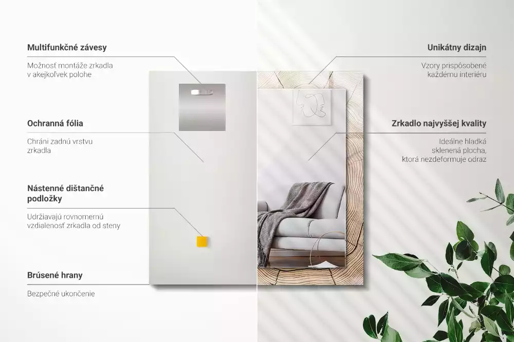 Négyszögletes díszes tükör Egy fatörzs keresztmetszete