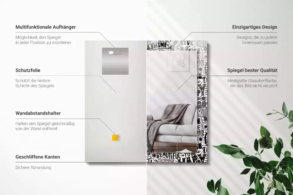 Négyszögletes tükör fali dísz Motivációs kézi betűkkel