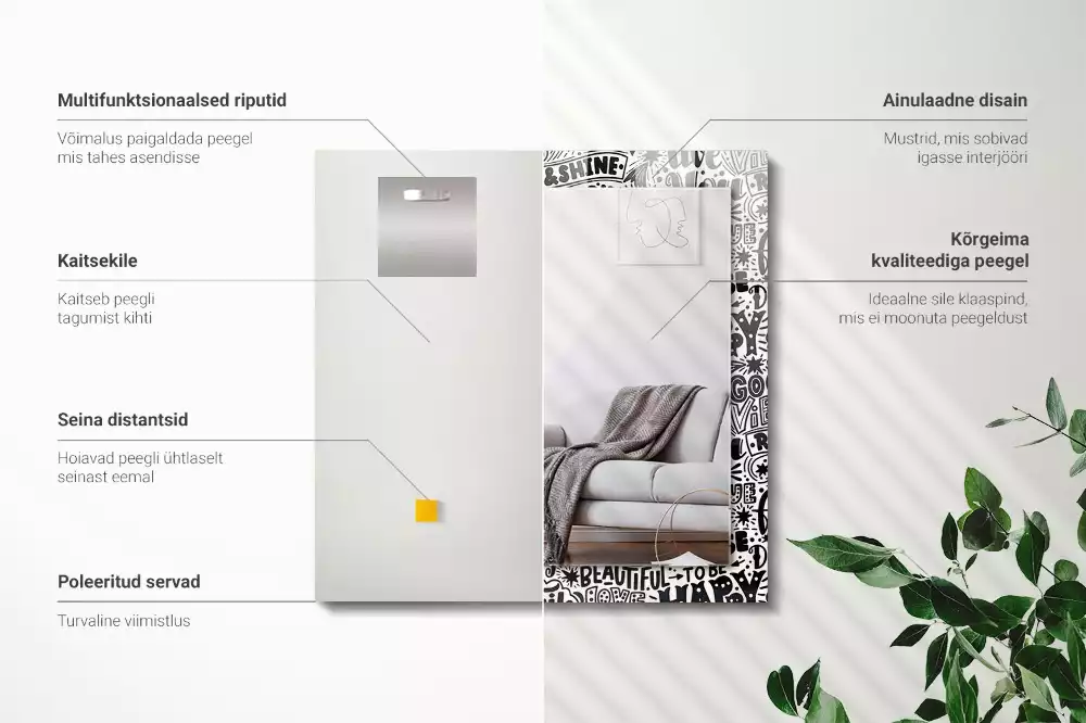 Négyszögletes tükör fali dísz Motivációs kézi betűkkel