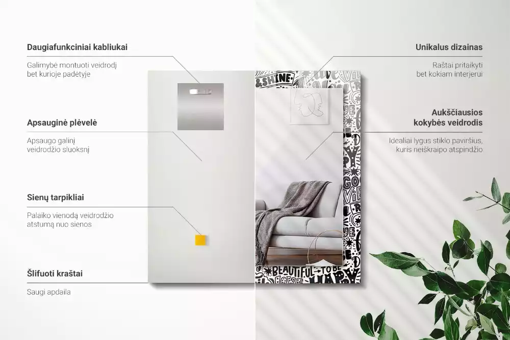 Négyszögletes tükör fali dísz Motivációs kézi betűkkel