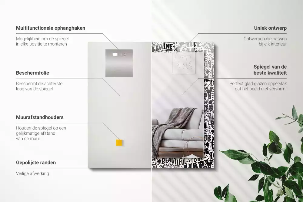 Négyszögletes tükör fali dísz Motivációs kézi betűkkel