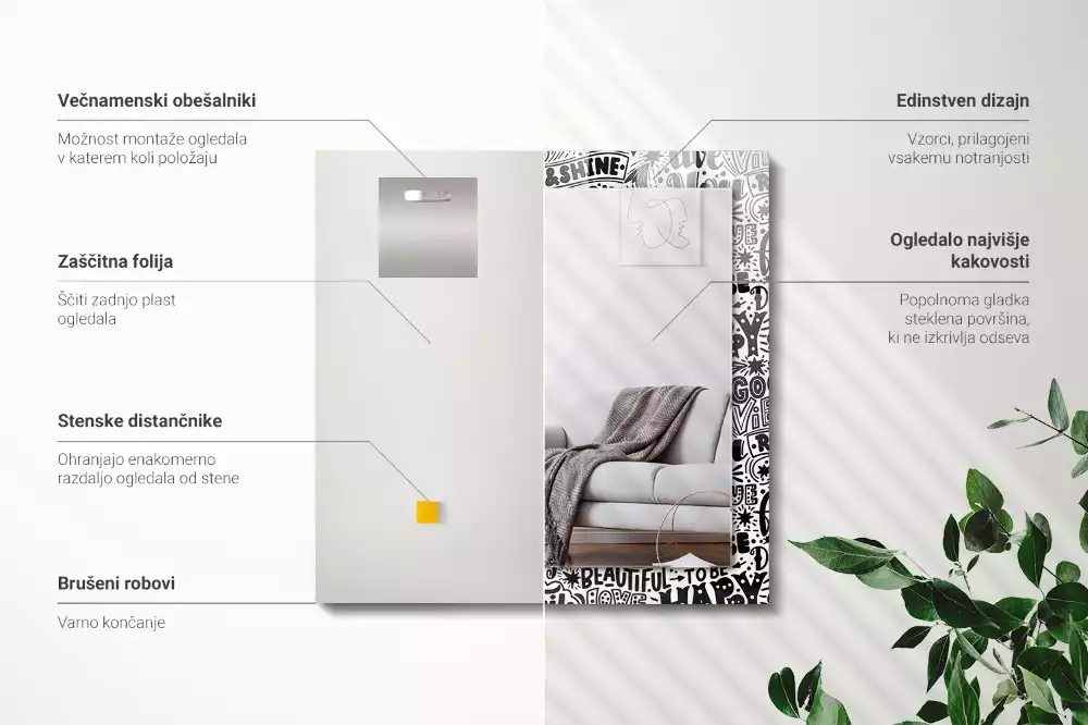 Négyszögletes tükör fali dísz Motivációs kézi betűkkel