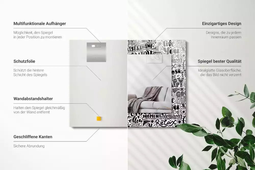 Négyszögletes tükör fali dísz Motivációs kézi betűkkel