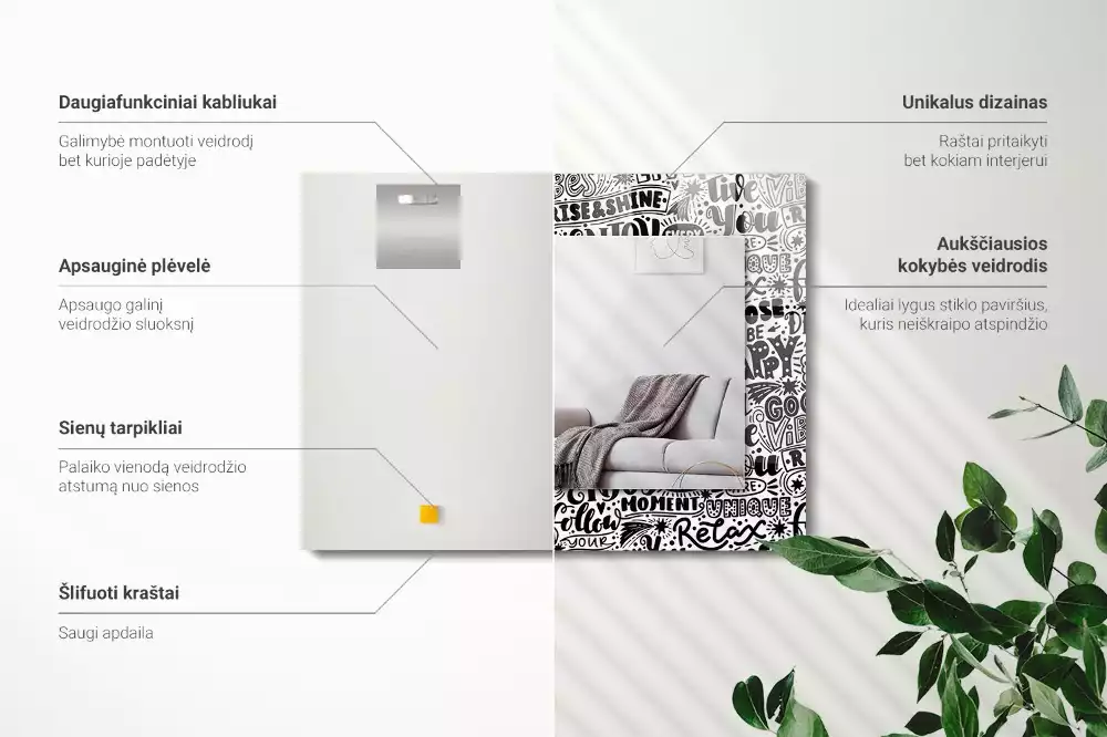 Négyszögletes tükör fali dísz Motivációs kézi betűkkel