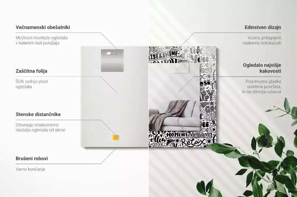 Négyszögletes tükör fali dísz Motivációs kézi betűkkel