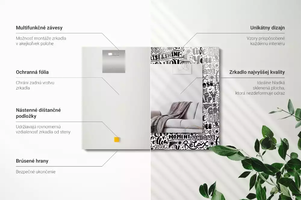 Négyszögletes tükör fali dísz Motivációs kézi betűkkel