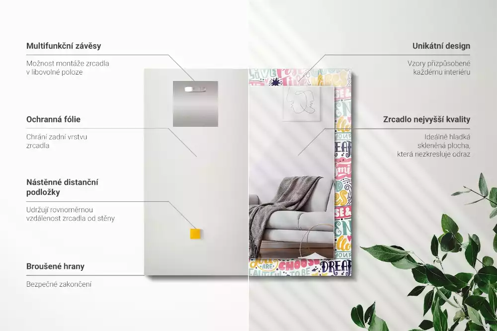 Négyszögletes tükör fali dísz Színes motivációs feliratok