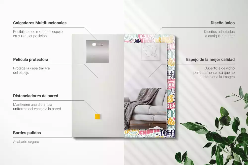 Négyszögletes tükör fali dísz Színes motivációs feliratok