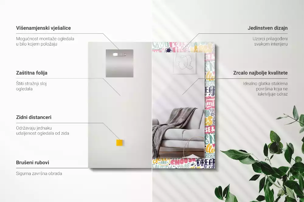 Négyszögletes tükör fali dísz Színes motivációs feliratok