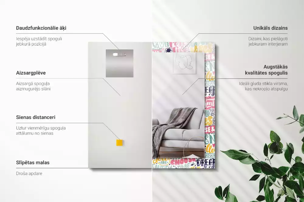 Négyszögletes tükör fali dísz Színes motivációs feliratok