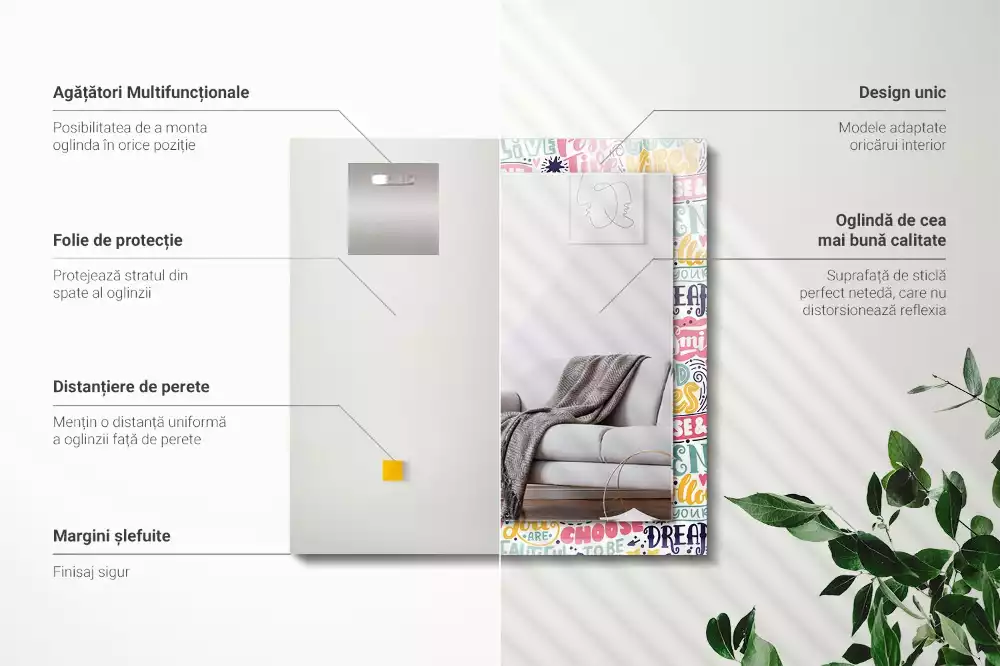 Négyszögletes tükör fali dísz Színes motivációs feliratok