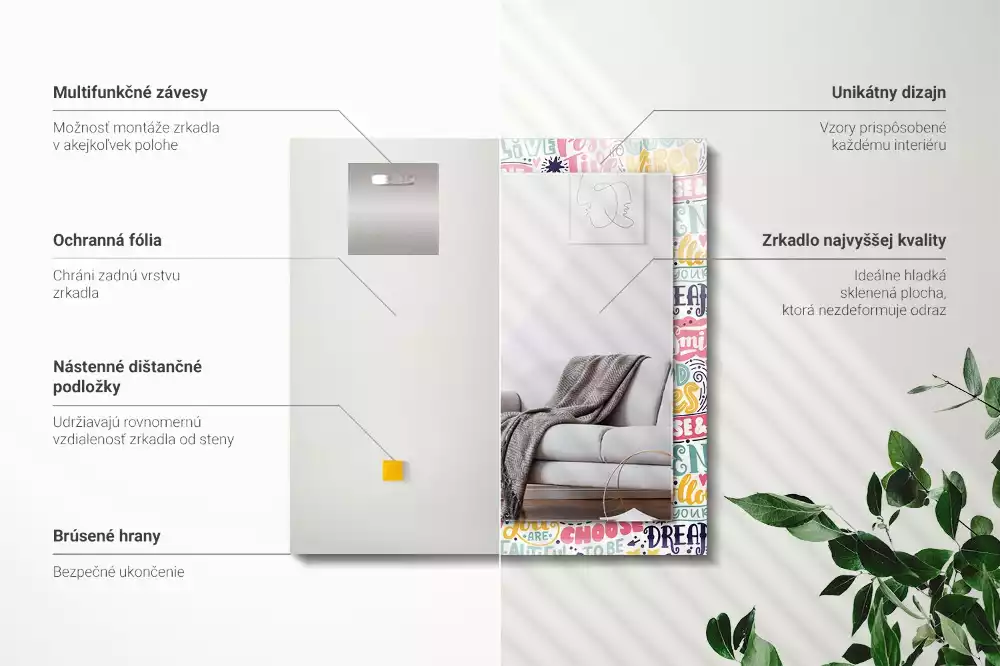 Négyszögletes tükör fali dísz Színes motivációs feliratok