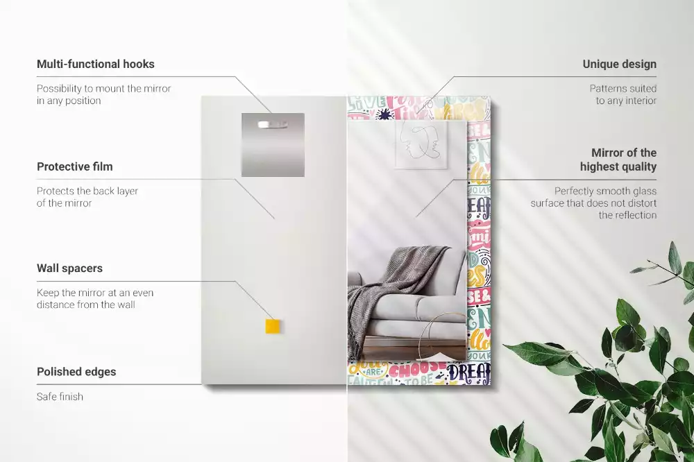 Négyszögletes tükör fali dísz Színes motivációs feliratok