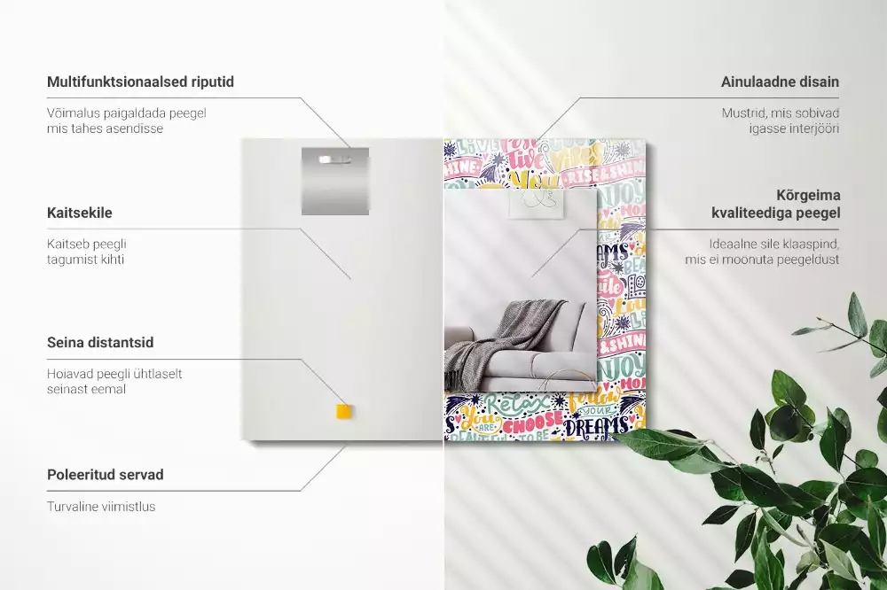 Négyszögletes tükör fali dísz Színes motivációs feliratok