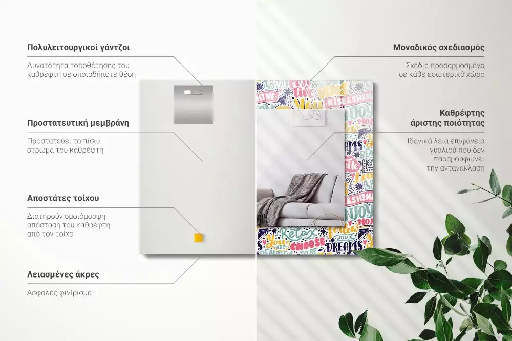 Négyszögletes tükör fali dísz Színes motivációs feliratok