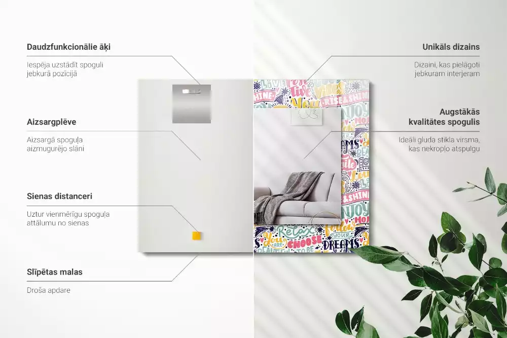 Négyszögletes tükör fali dísz Színes motivációs feliratok