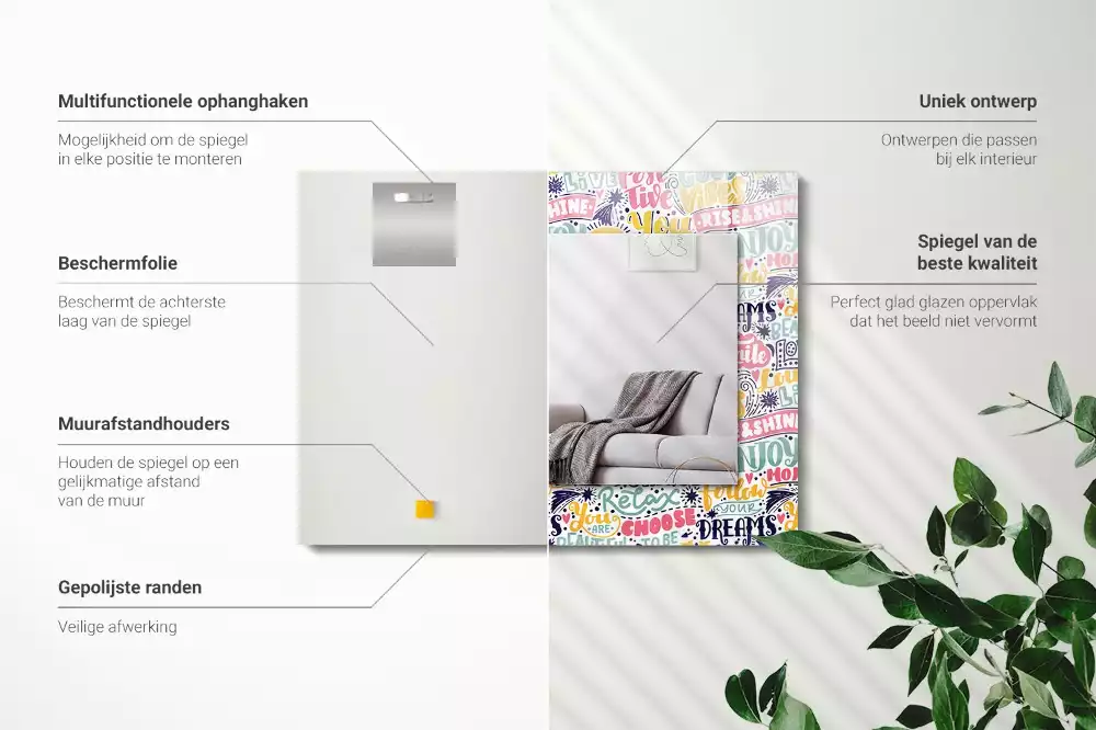 Négyszögletes tükör fali dísz Színes motivációs feliratok