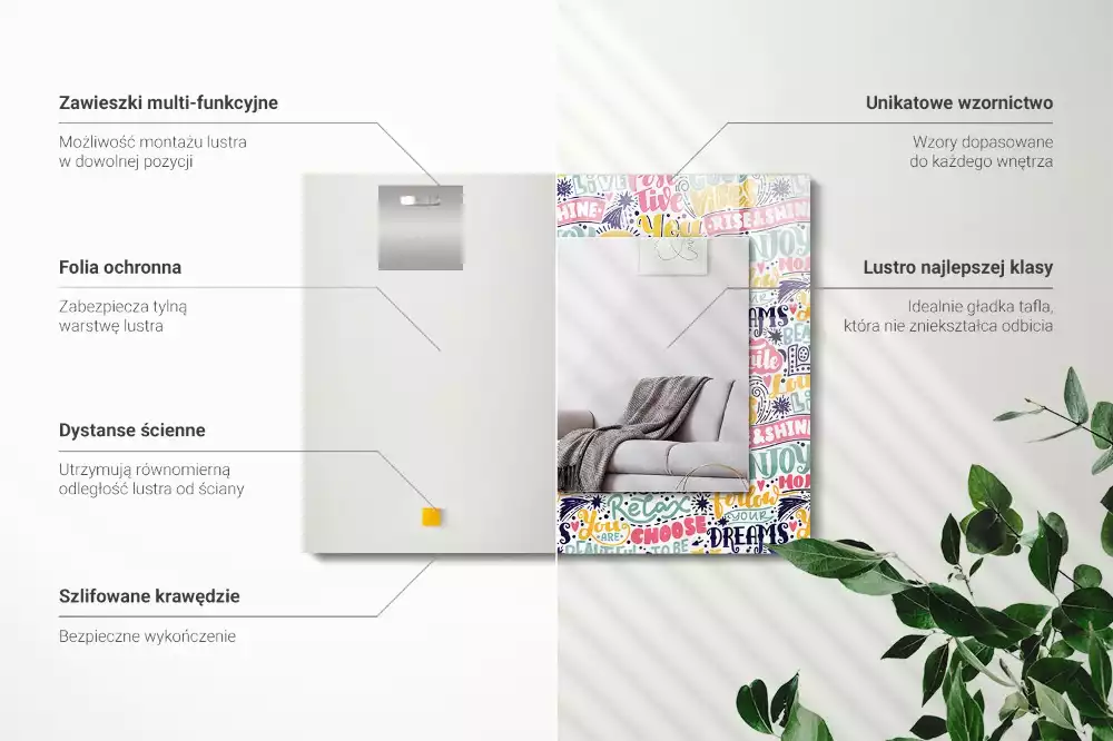 Négyszögletes tükör fali dísz Színes motivációs feliratok