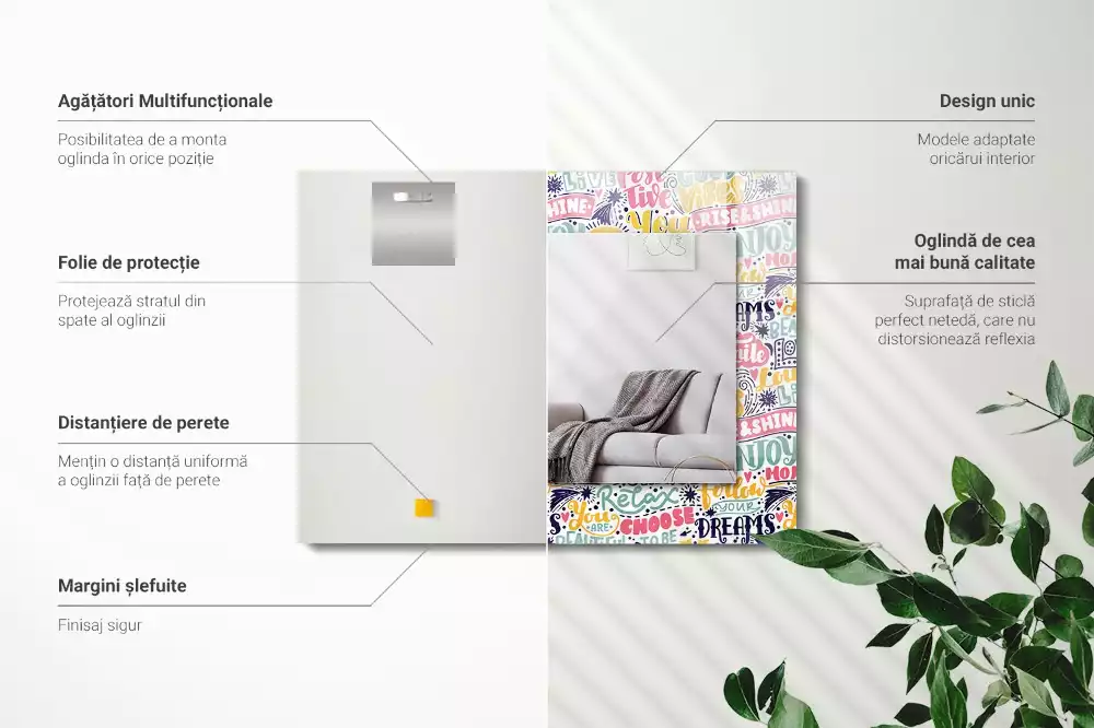 Négyszögletes tükör fali dísz Színes motivációs feliratok