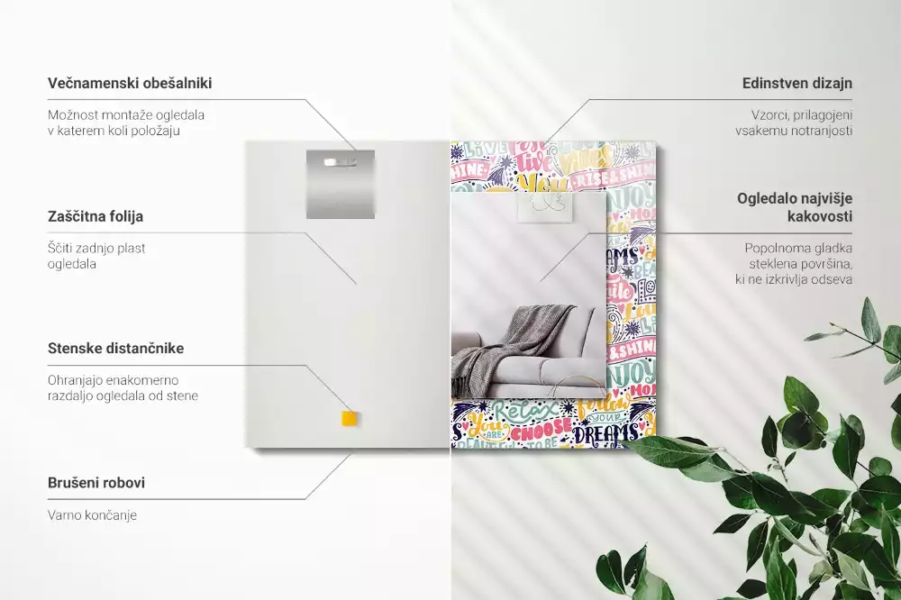 Négyszögletes tükör fali dísz Színes motivációs feliratok