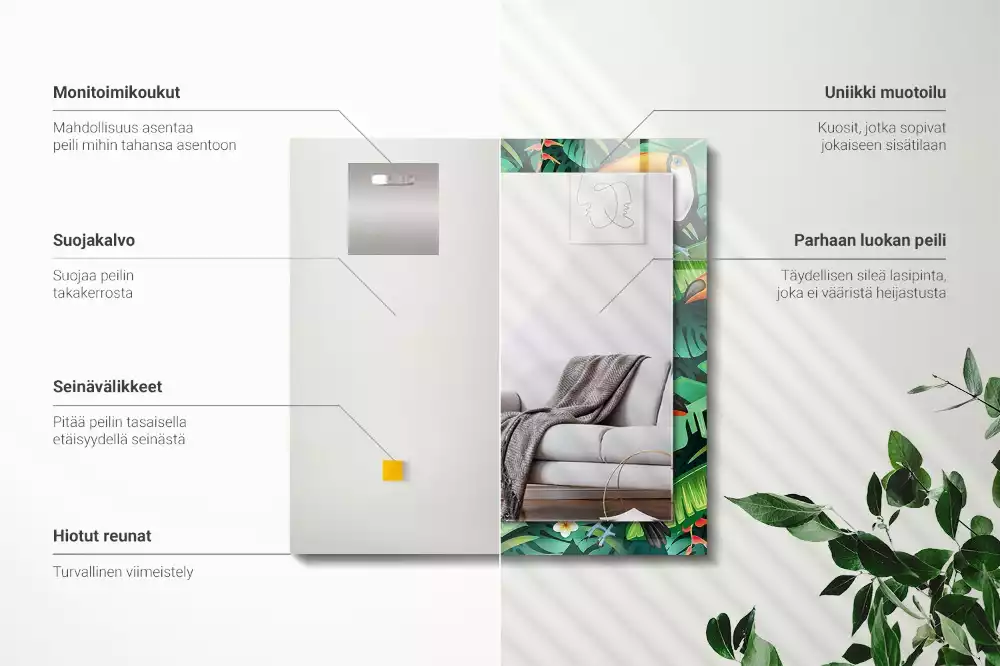 Négyszögletes tükör fali dísz Tukán levelek dzsungelben