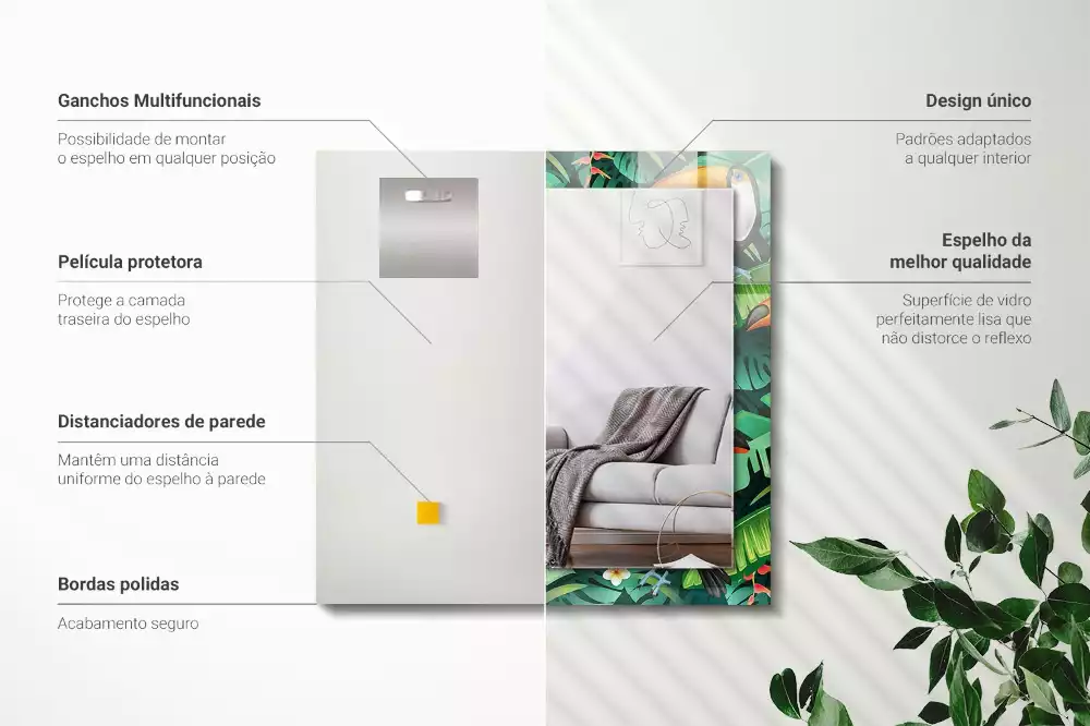 Négyszögletes tükör fali dísz Tukán levelek dzsungelben