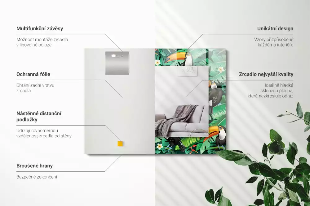 Négyszögletes tükör fali dísz Tukán levelek dzsungelben