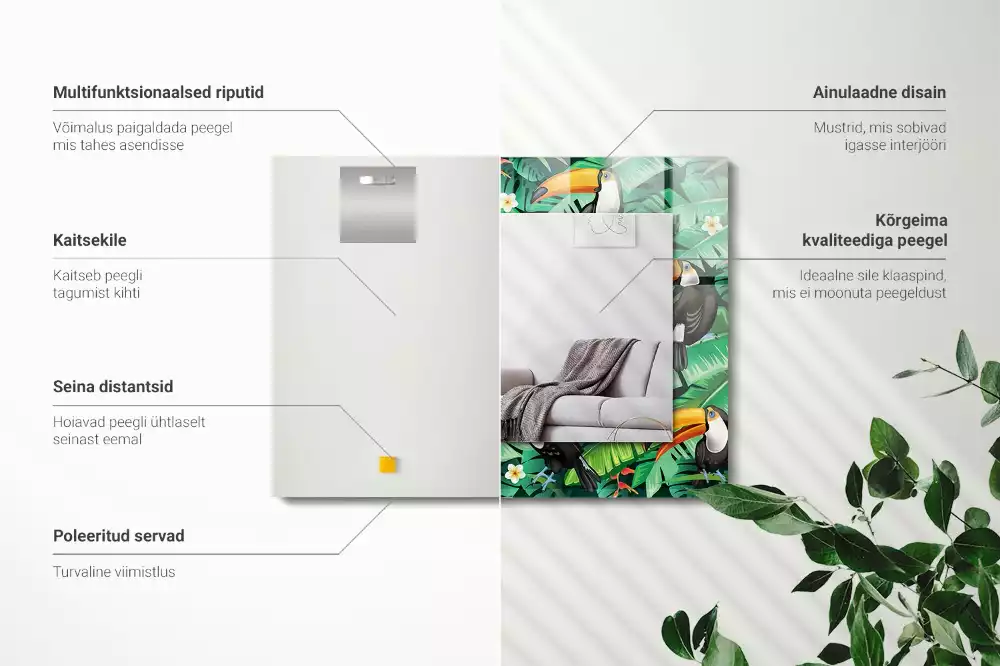 Négyszögletes tükör fali dísz Tukán levelek dzsungelben