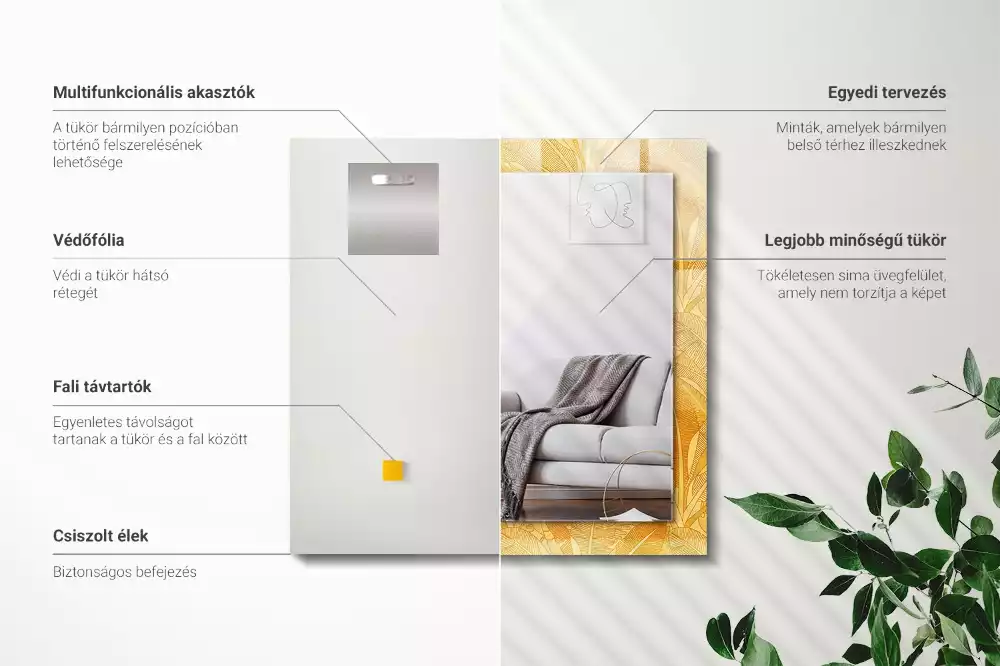 Négyszögletes tükör fali dísz A levelek narancssárga színűek