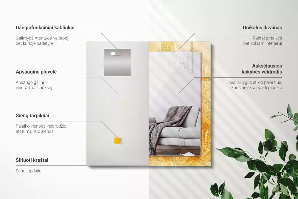 Négyszögletes tükör fali dísz A levelek narancssárga színűek