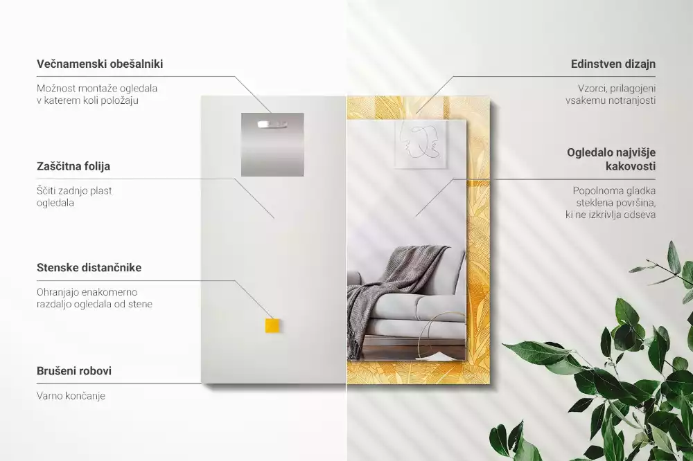 Négyszögletes tükör fali dísz A levelek narancssárga színűek