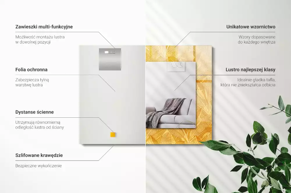 Négyszögletes tükör fali dísz A levelek narancssárga színűek