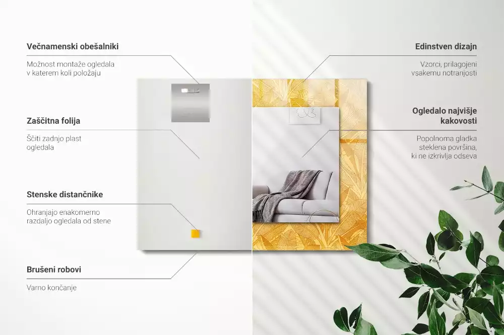 Négyszögletes tükör fali dísz A levelek narancssárga színűek