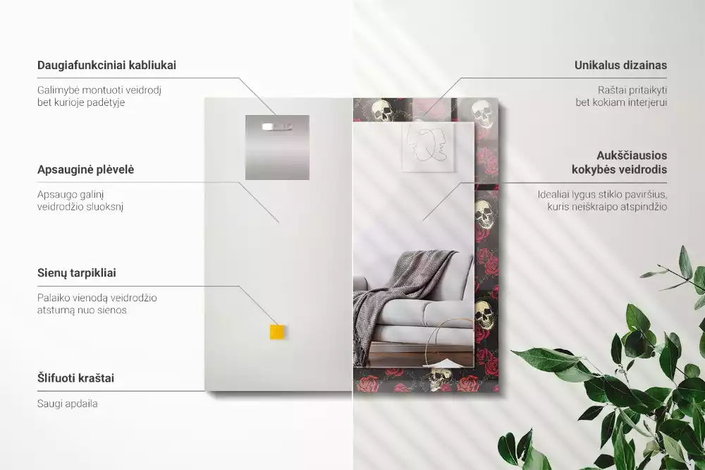 Négyszögletes tükör fali dísz Koponyák rózsák tövisek