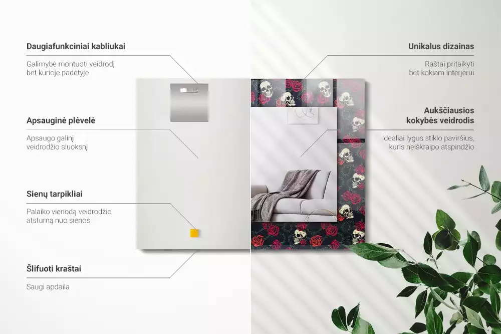 Négyszögletes tükör fali dísz Koponyák rózsák tövisek