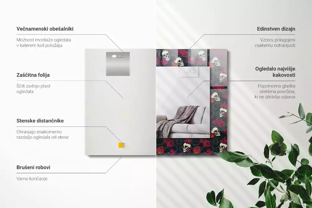 Négyszögletes tükör fali dísz Koponyák rózsák tövisek