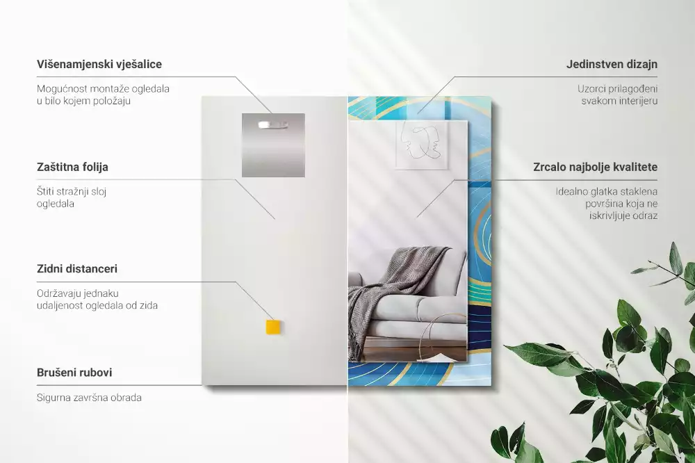 Négyszögletes tükör fali dísz Hullám minták kék