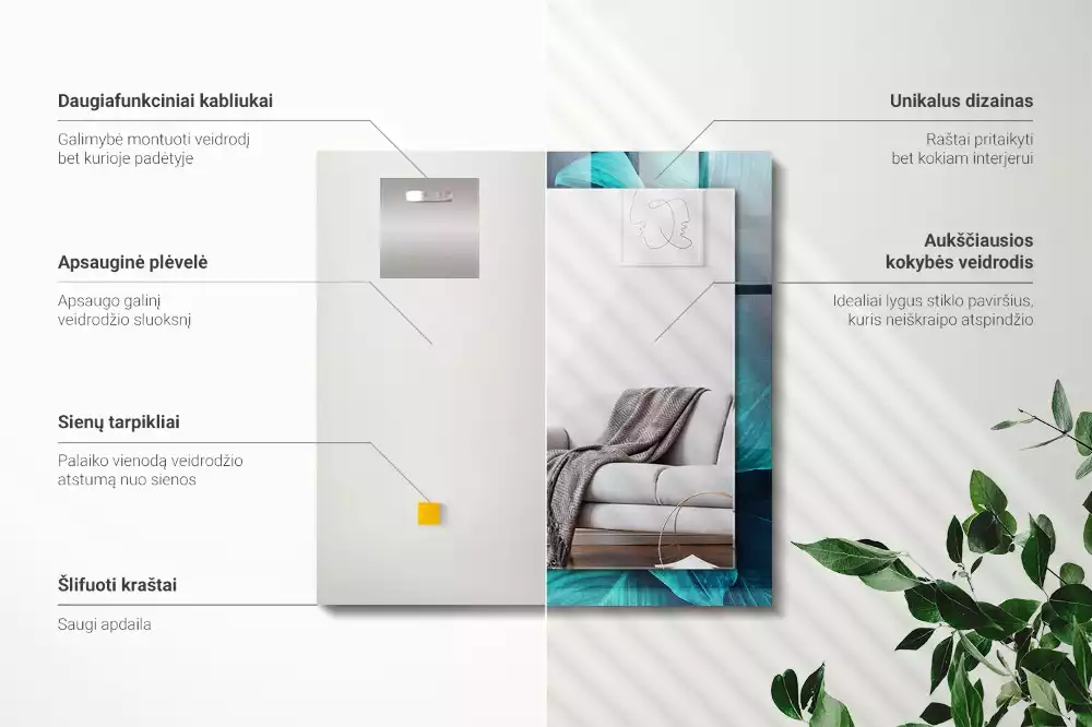 Négyszögletes tükör fali dísz Zöld Levelek