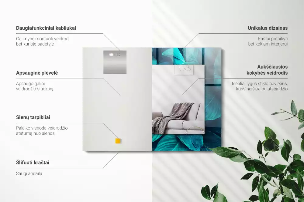 Négyszögletes tükör fali dísz Zöld Levelek