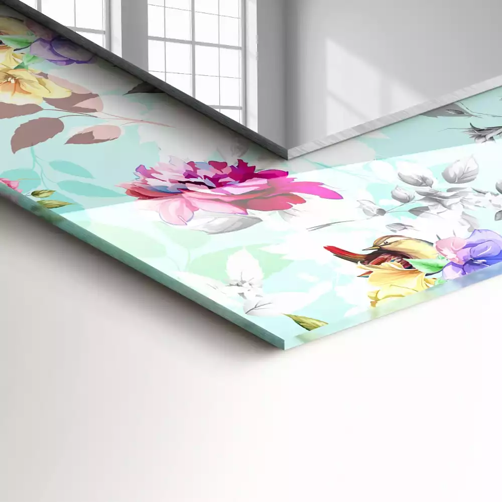 Négyszögletes tükör fali dísz Virág és madarak