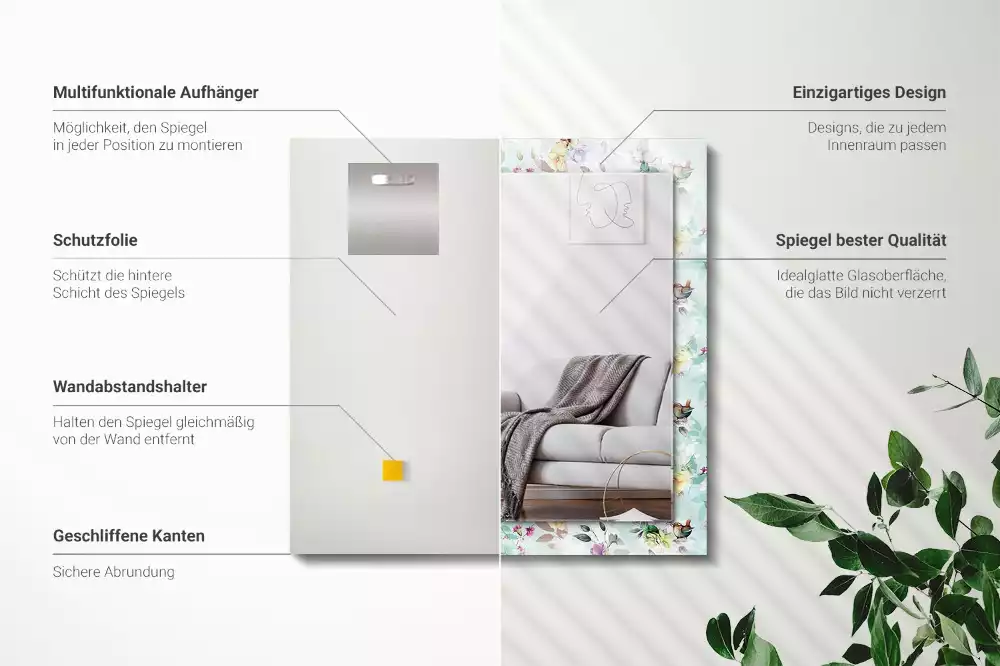 Négyszögletes tükör fali dísz Virág és madarak