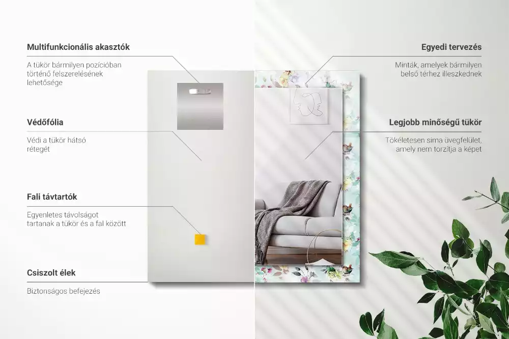 Négyszögletes tükör fali dísz Virág és madarak