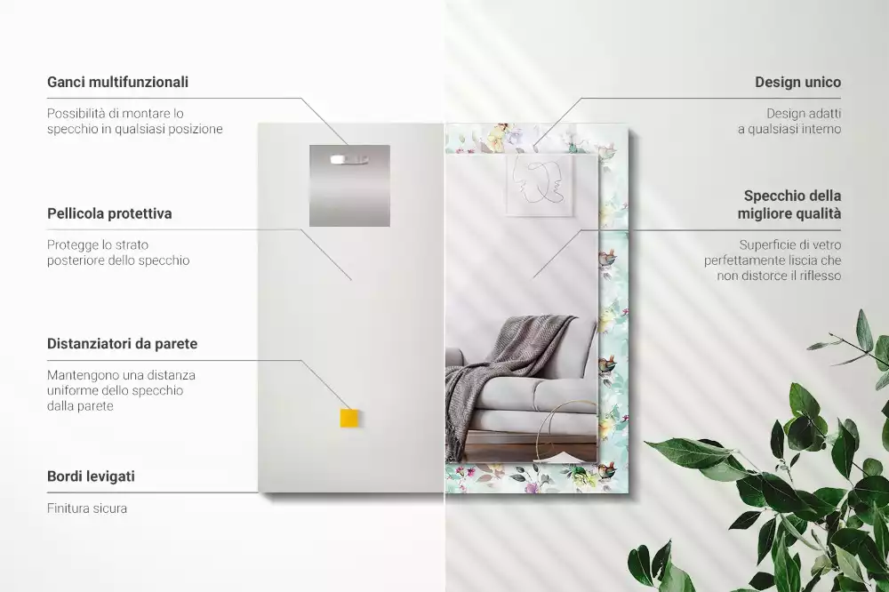 Négyszögletes tükör fali dísz Virág és madarak