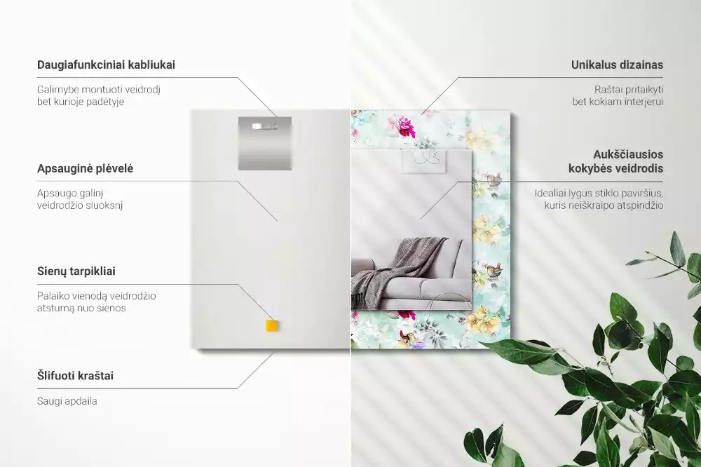 Négyszögletes tükör fali dísz Virág és madarak