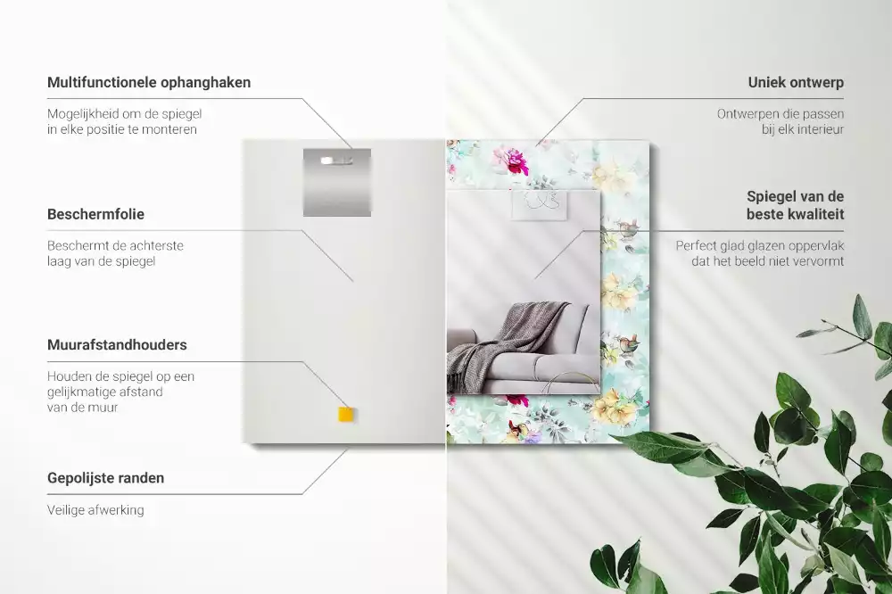 Négyszögletes tükör fali dísz Virág és madarak