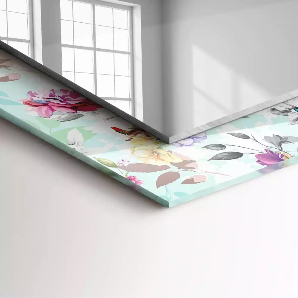 Négyszögletes tükör fali dísz Virág és madarak