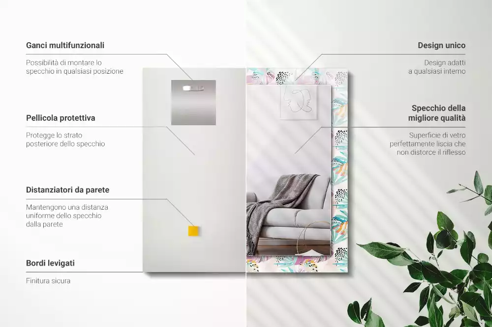 Négyszögletes tükör fali dísz Színes trópusi levelek