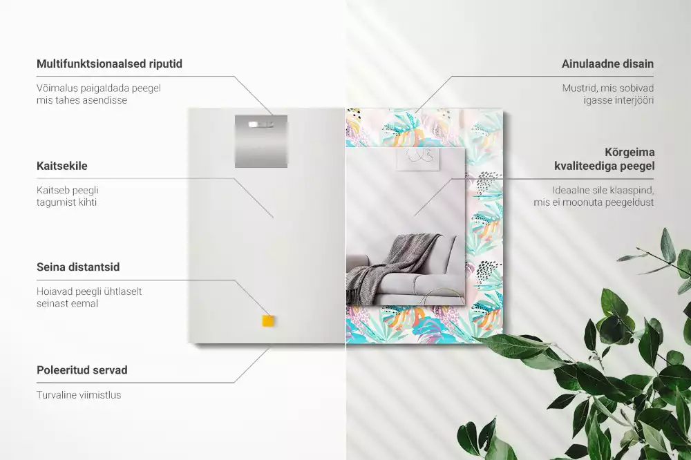 Négyszögletes tükör fali dísz Színes trópusi levelek