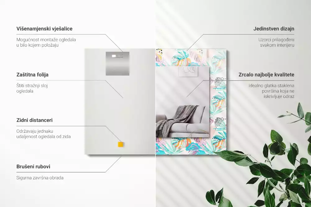 Négyszögletes tükör fali dísz Színes trópusi levelek